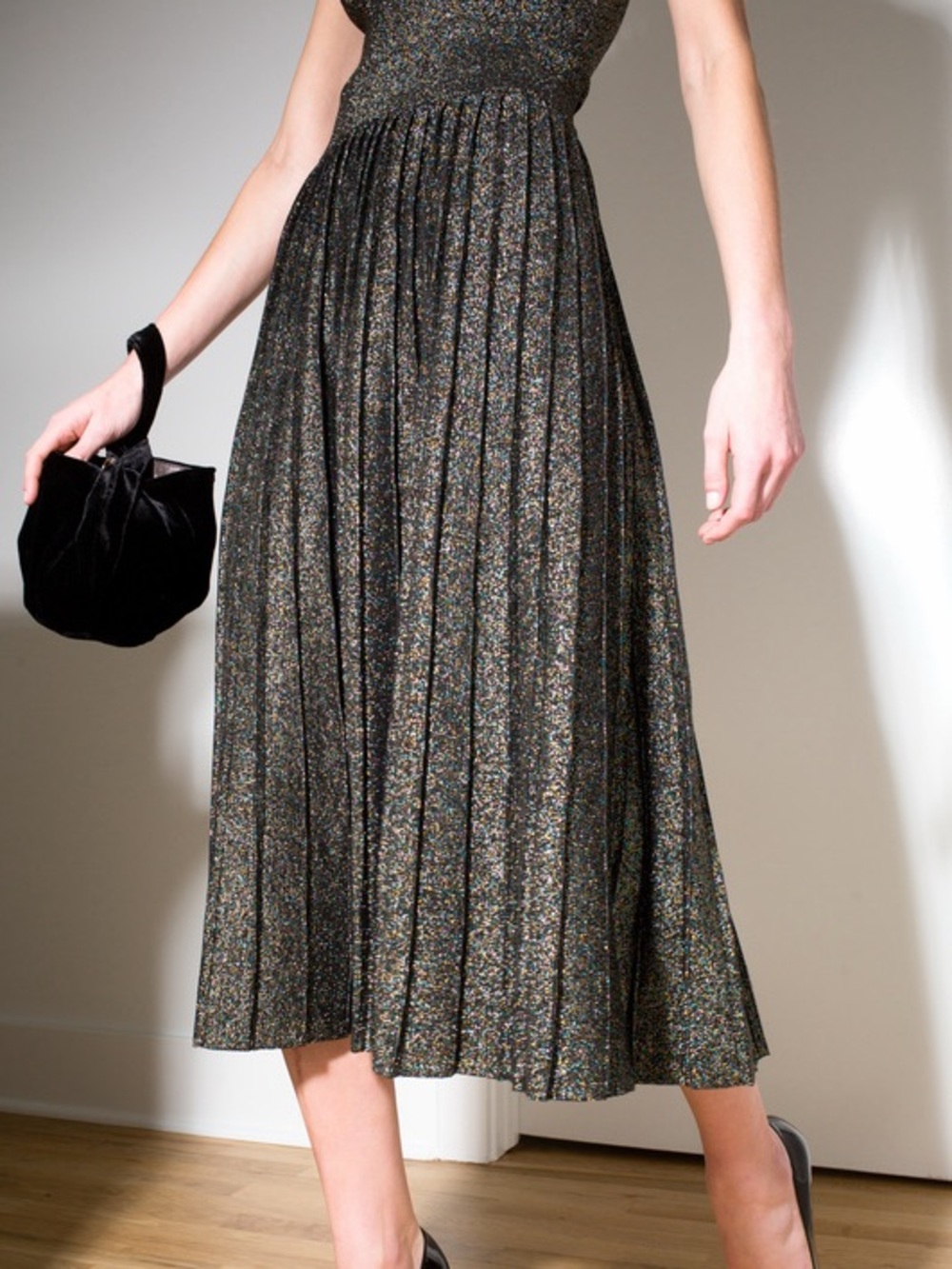A.L.C. Black Metallic Speckle Pleated Midi Skirt